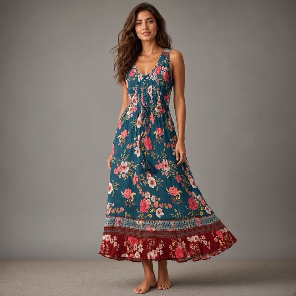 Knox Rose Dresses & Skirts - Knox Rose Teal Floral Midi Maxi Dress Sleeveless Boho Cottage Peasant Women's XL